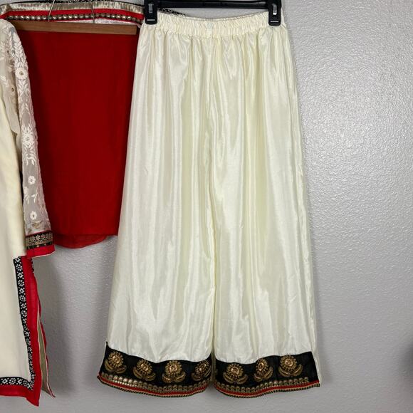 Approx S/M Cream White Red Kurta Set Top Pants & Dupatta Embellished Embroidered - Picture 10 of 16